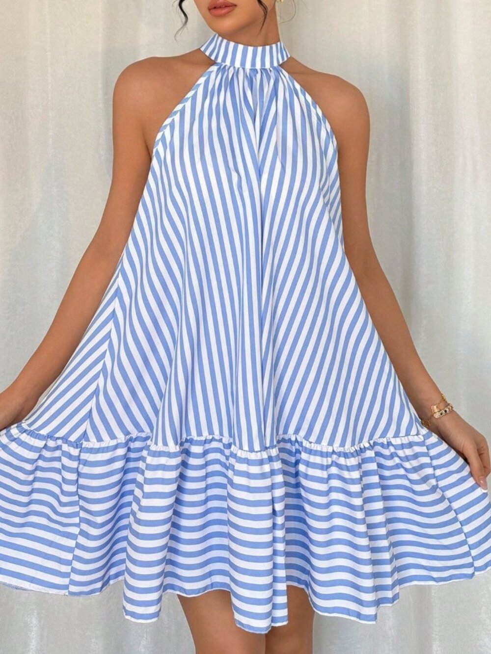 Blue And White Elegant Women's Halter Neck Frill Trim Striped Vacation Dress - Picture 6 of 6